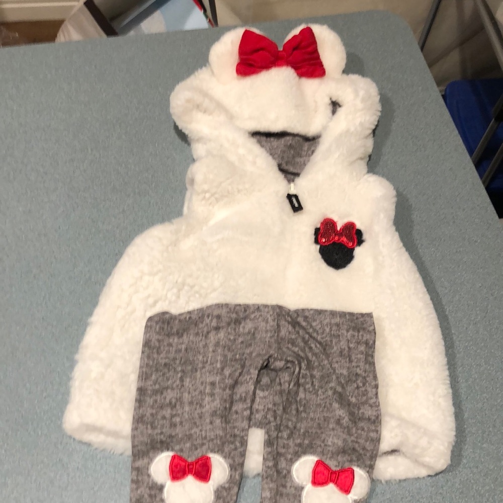 Disney Junior Minnie Hooded Furry Vest with grey pants